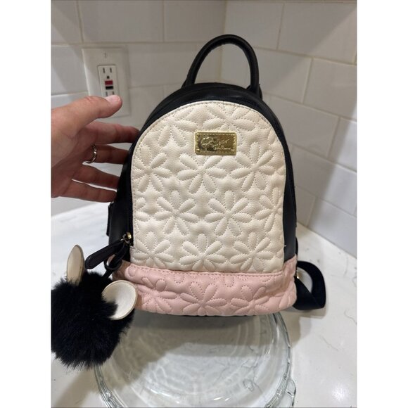 Betsy Johnson Mini Back Pack Black White Pink with Embroidered Flower Logo - Picture 1 of 10